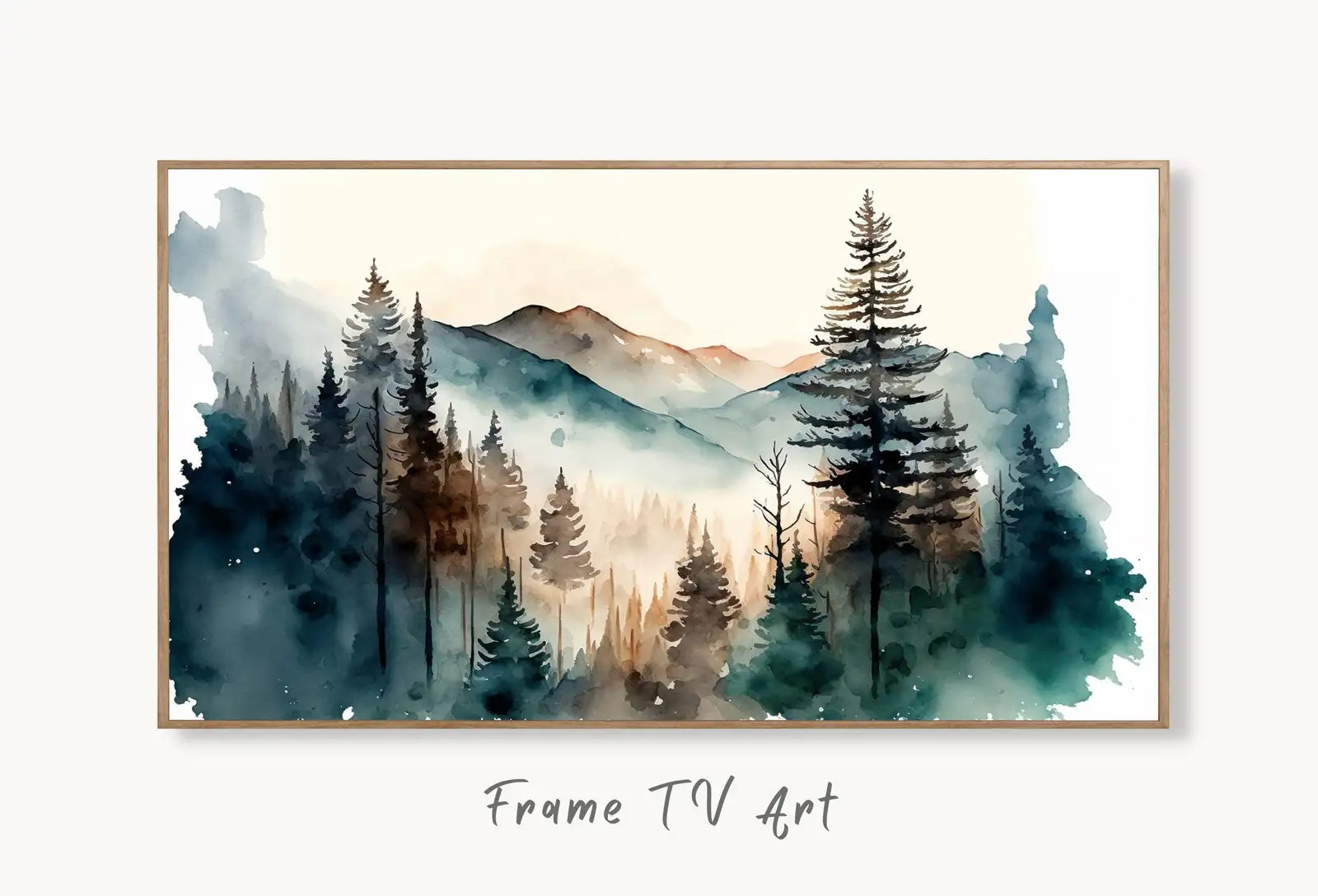 Samsung Frame TV Art 4K Abstract Watercolor Forest Mountain Landscape Painting. Instant Download Forest Art for Samsung Frame TV. Art for TV displayed on Samsung Frame TV on a living room wall.
