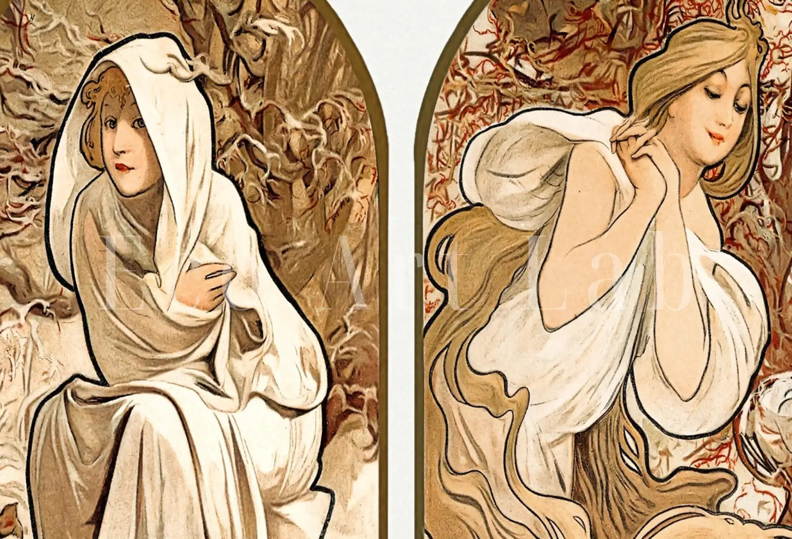 Included artwork preview showing first selection of artworks from Samsung Frame TV Art 4K Alphonse Mucha 4 Seasons Vintage Painting. Samsung TV Vintage Art. Digital Download Art for Samsung Frame TV.