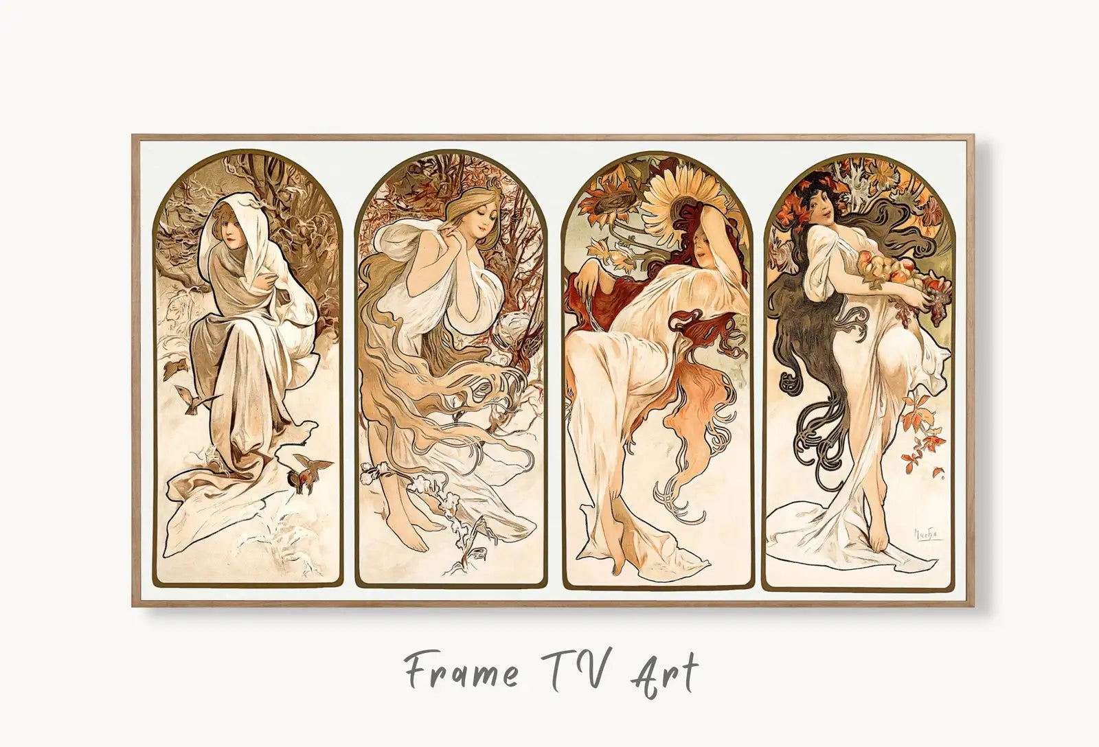 Samsung Frame TV Art 4K Alphonse Mucha 4 Seasons Vintage Painting. Samsung TV Vintage Art. Digital Download Art for Samsung Frame TV displayed on Samsung Frame TV on a living room wall.