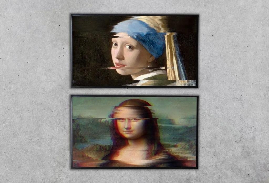 Samsung Frame TV Art 4K Altered Paintings Set of 2. Girl with Pearl Earring & Mona Lisa Altered Classic Paintings. Glitch Art for Frame TV displayed on Samsung Frame TV on a living room wall.