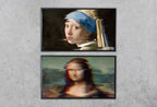 Samsung Frame TV Art 4K Altered Paintings Set of 2. Girl with Pearl Earring & Mona Lisa Altered Classic Paintings. Glitch Art for Frame TV displayed on Samsung Frame TV on a living room wall.