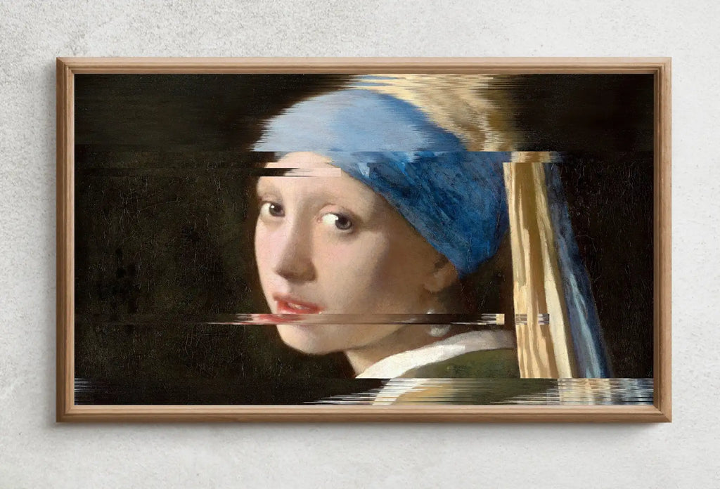 Included artwork preview showing first selection of artworks from Samsung Frame TV Art 4K Altered Paintings Set of 2. Girl with Pearl Earring & Mona Lisa Altered Classic Paintings. Glitch Art for Frame TV.