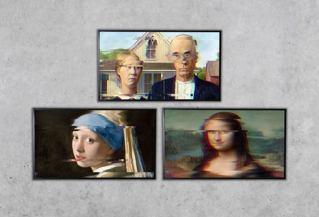 Samsung Frame TV Art 4K Altered Paintings Set of 3. Girl w Pearl Earring, Mona Lisa & American Gothic Altered Classic Portraits for Frame TV displayed on Samsung Frame TV on a living room wall.