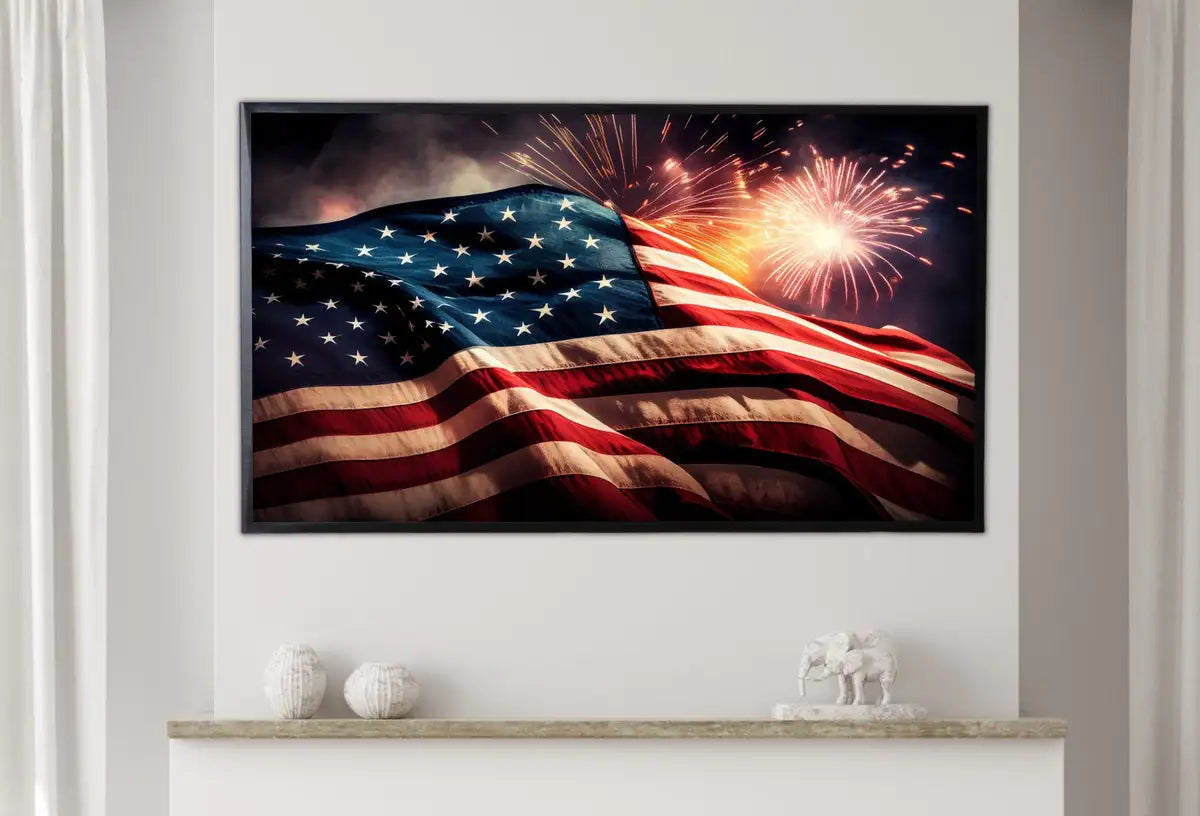 Detail view of artwork from Samsung Frame TV Art 4k American Flag & Fireworks Art. Patriotic Samsung TV Art. Digital Download 4th of July USA Art for Samsung Frame Tv.