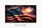 Samsung Frame TV Art 4k American Flag & Fireworks Art. Patriotic Samsung TV Art. Digital Download 4th of July USA Art for Samsung Frame Tv displayed on Samsung Frame TV on a living room wall.