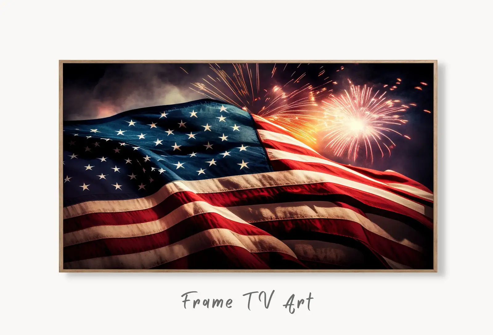 Samsung Frame TV Art 4k American Flag & Fireworks Art. Patriotic Samsung TV Art. Digital Download 4th of July USA Art for Samsung Frame Tv displayed on Samsung Frame TV on a living room wall.