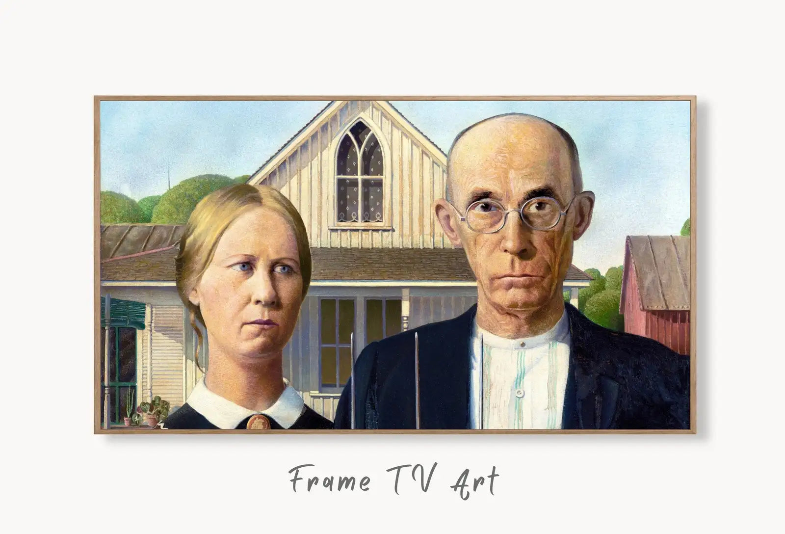 Samsung Frame TV Art 4K American Gothic Famous Classic Painting. Grant Wood Fine Art Portrait for Frame TV. Vintage Home Decor. Lg TV Art displayed on Samsung Frame TV on a living room wall.