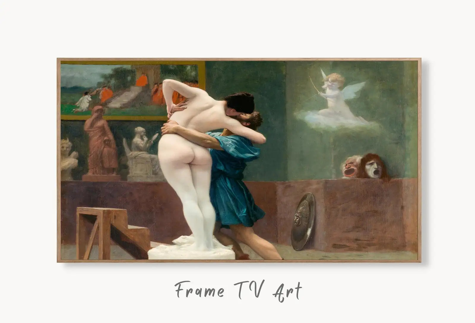 Samsung Frame TV Art 4K Ancient Greek Mythology Art Pygmalion and Galatea Vintage Painting. Downloadable Nude Greek Goddess Art for Frame TV displayed on Samsung Frame TV on a living room wall.