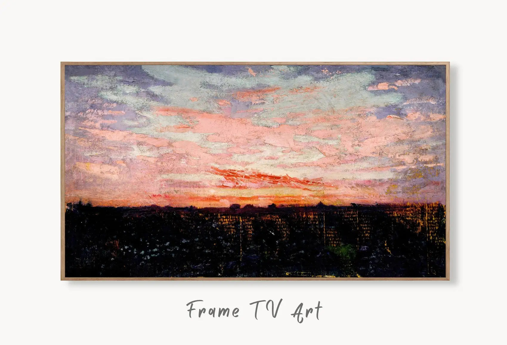 Samsung Frame TV Art 4K Antique Moody Abstract Vintage Sunset Oil Painting. Instant Download Rustic Abstract Painting. Art for the Frame TV displayed on Samsung Frame TV on a living room wall.