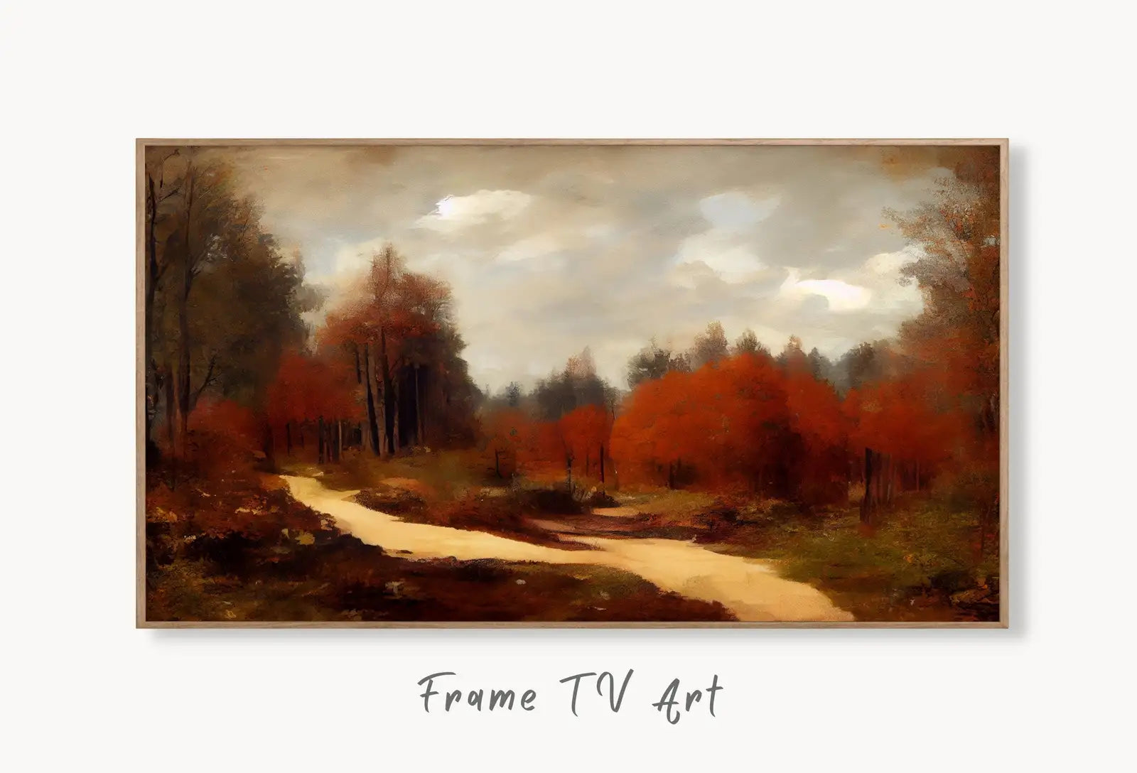Samsung Frame TV Art 4K Autumn Forest Trail Landscape Digital Painting. Fall Art for the Samsung Frame TV. Fall Art for TV. Instant Download displayed on Samsung Frame TV on a living room wall.