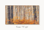 Samsung Frame TV Art 4K Autumn Forest Trail Landscape Digital Painting. Instant Download Fall Art for the Samsung Frame TV. Art for TV displayed on Samsung Frame TV on a living room wall.