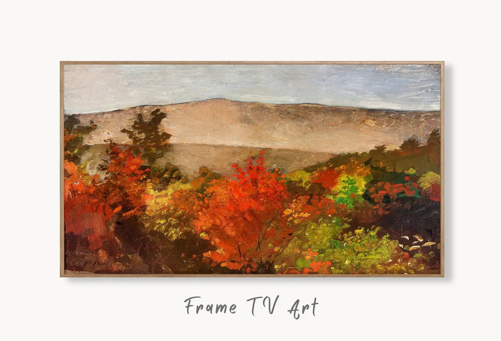 Samsung Frame TV Art 4K Autumn Forest Treetops Landscape Digital Painting. Instant Download Fall Art for the Samsung Frame TV. Art for TV displayed on Samsung Frame TV on a living room wall.