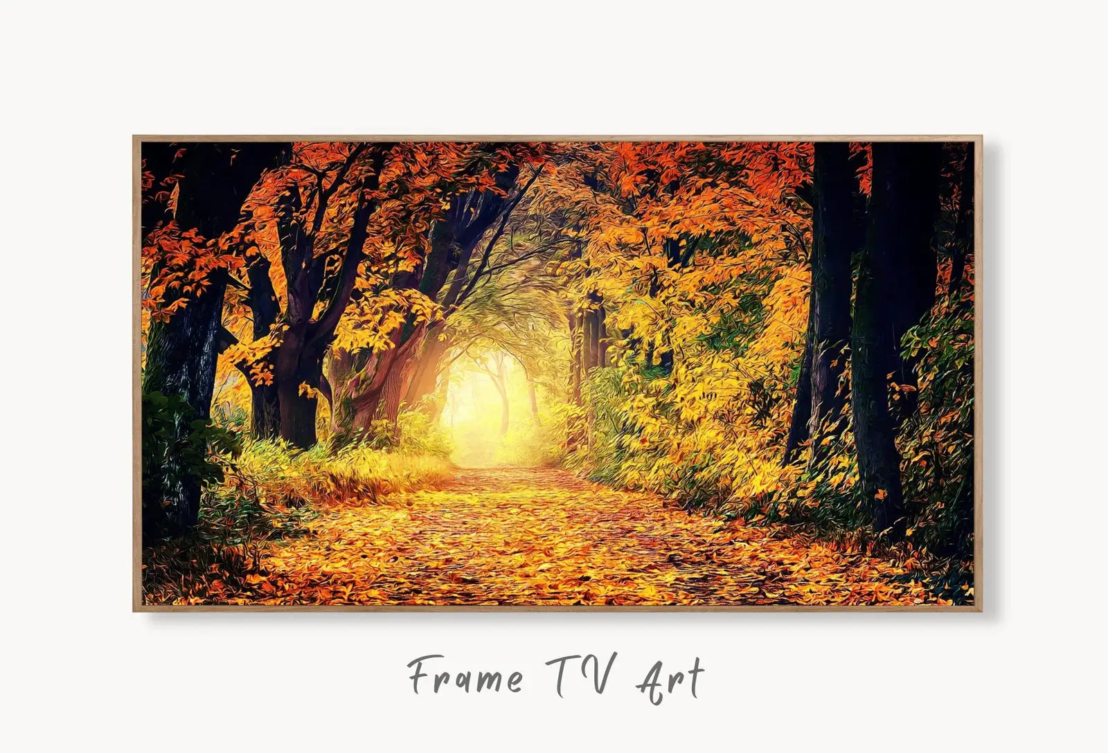 Samsung Frame TV Art 4K Autumn Forest View Landscape Digital Painting. Instant Download Fall Nature Art for the Samsung Frame TV. Art for TV displayed on Samsung Frame TV on a living room wall.