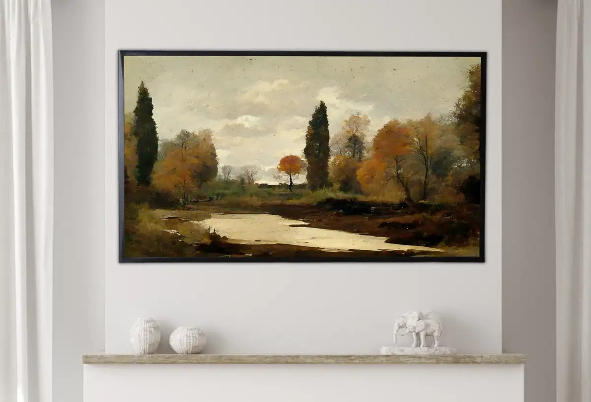 Detail view of artwork from Samsung Frame TV Art 4K Autumn Landscape Rustic Digital Painting. Instant Download Muted Fall Art for the Samsung Frame TV. Moody Art for TV. (variation 2)