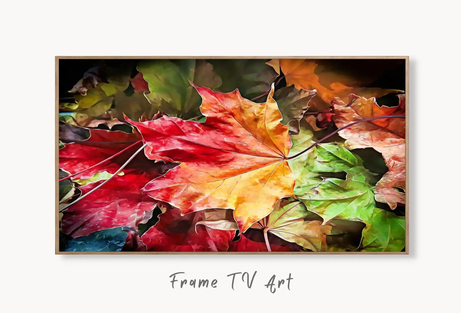 Samsung Frame TV Art 4K Autumn Maple Leaves Digital Painting. Instant Download Fall Leaves Wall Art for Samsung Frame TV. Nature Art for TV displayed on Samsung Frame TV on a living room wall.