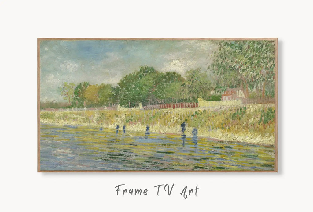 Samsung Frame TV Art 4K Bank of the Seine. Famous Painting by Vincent van Gogh. Instant Download. van Gogh Landscape for the Frame TV displayed on Samsung Frame TV on a living room wall.