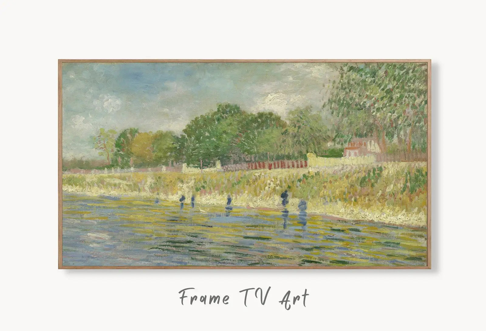 Samsung Frame TV Art 4K Bank of the Seine. Famous Painting by Vincent van Gogh. Instant Download. van Gogh Landscape for the Frame TV displayed on Samsung Frame TV on a living room wall.