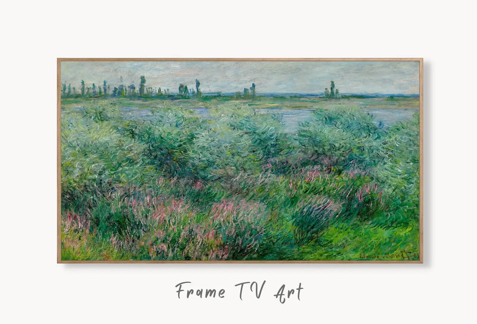 Samsung Frame TV Art 4K Banks of the Seine Monet Famous Painting. Instant Download Vintage Art for Samsung Frame TV. Claude Monet Art for TV displayed on Samsung Frame TV on a living room wall.