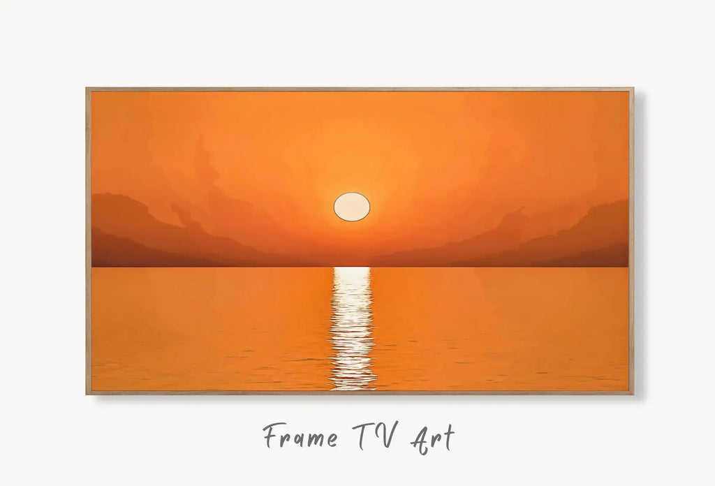 Samsung Frame TV Art 4K Beach Sunset Landscape Wall Art. Instant Download Landscape Wall Art for the Frame TV. Boho Abstract Sunset Painting displayed on Samsung Frame TV on a living room wall.