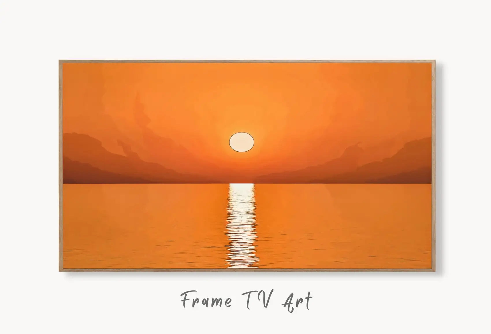 Samsung Frame TV Art 4K Beach Sunset Landscape Wall Art. Instant Download Landscape Wall Art for the Frame TV. Boho Abstract Sunset Painting displayed on Samsung Frame TV on a living room wall.