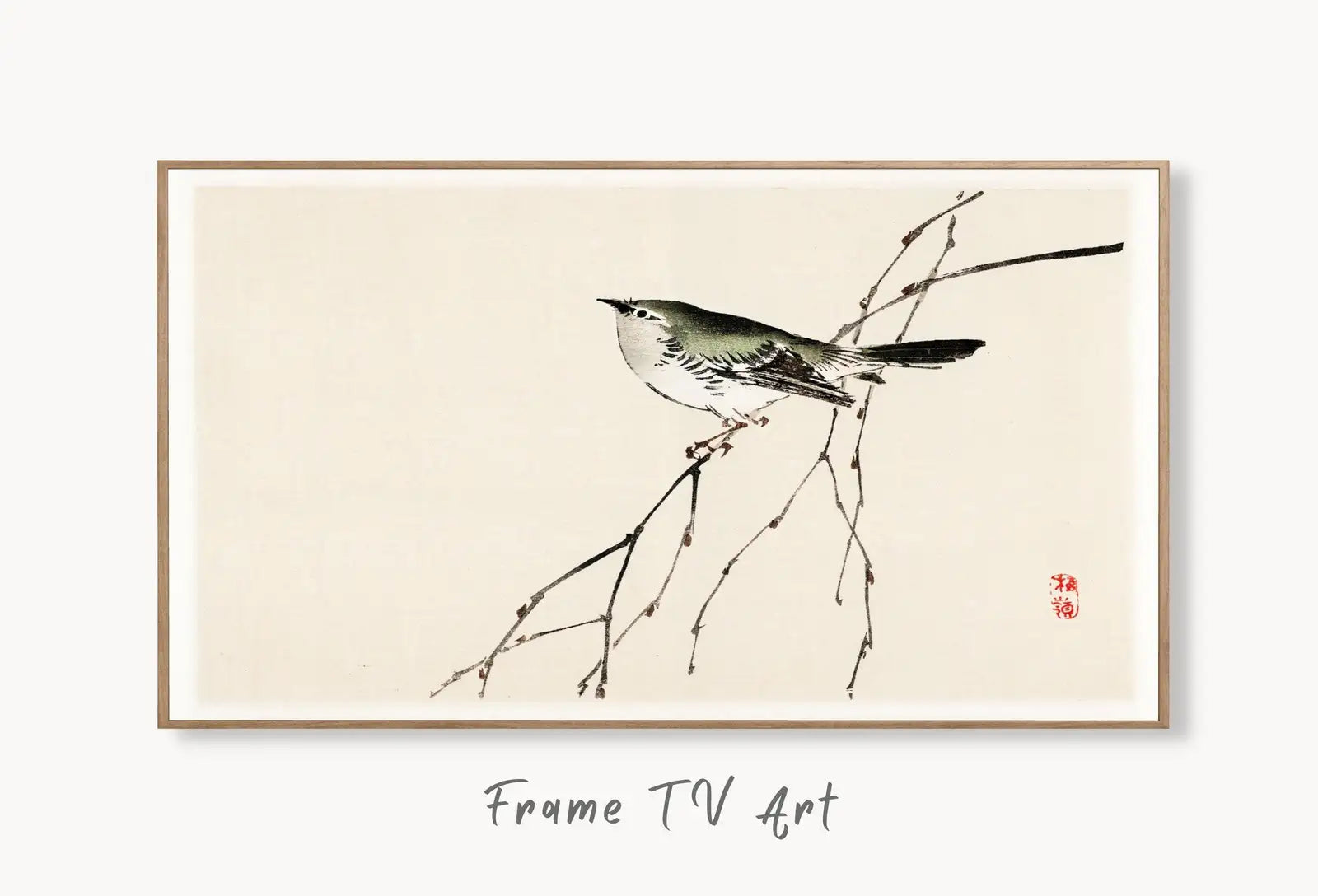 Samsung Frame TV Art 4K Bird on a Branch Vintage Japanese Wall Art. Instant Download Antique Japanese Art for the Frame TV. Bird Art displayed on Samsung Frame TV on a living room wall.