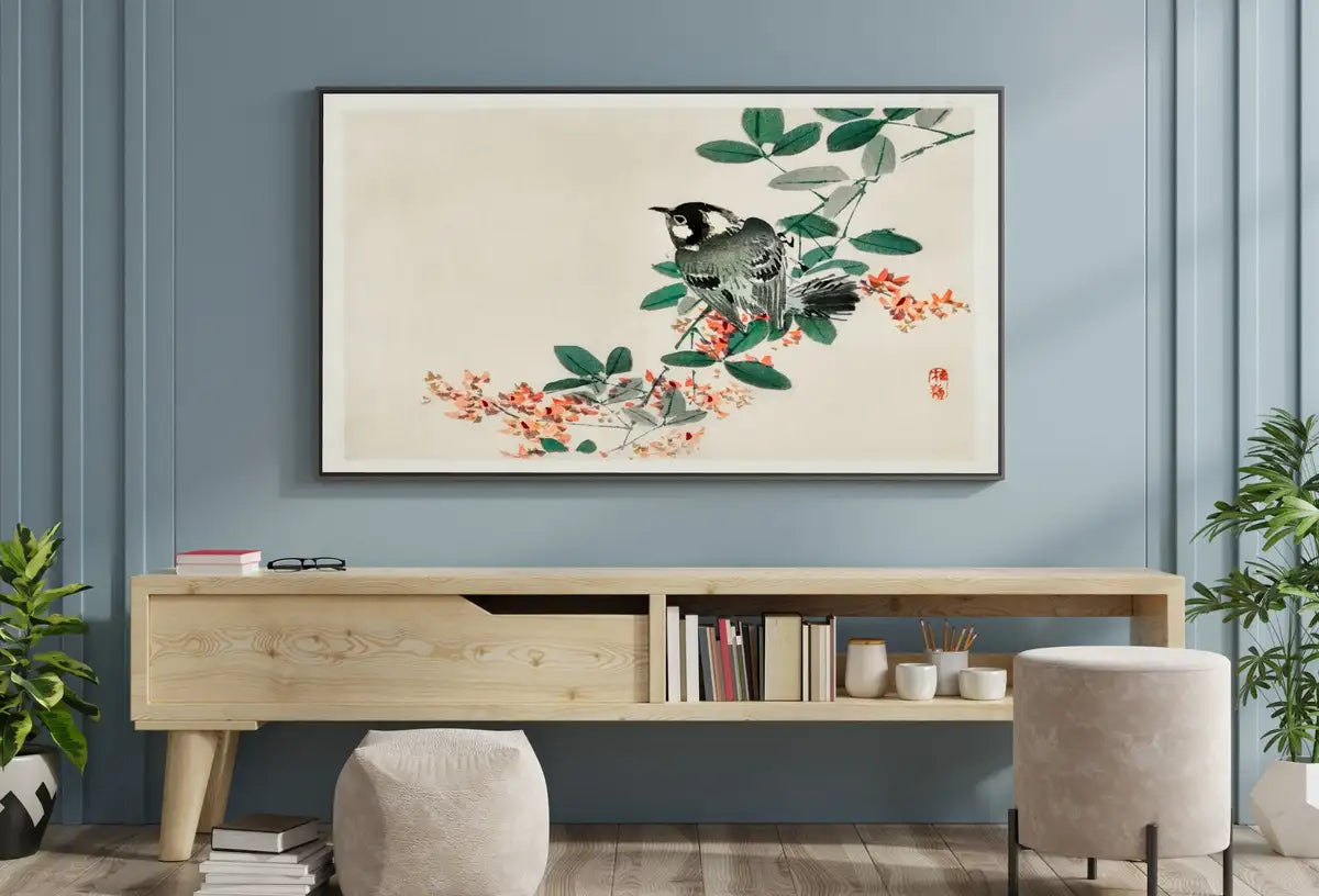 Detail view of artwork from Samsung Frame TV Art 4K Bird on Branch Vintage Japanese Painting. Instant Download Vintage Art for TV. 19th Century Japanese Wall Art. (variation 2)