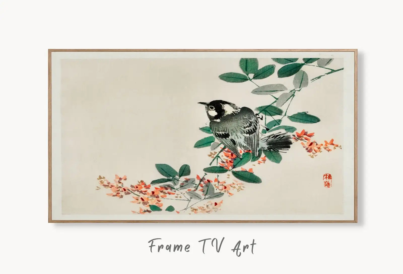 Samsung Frame TV Art 4K Bird on Branch Vintage Japanese Painting. Instant Download Vintage Art for TV. 19th Century Japanese Wall Art displayed on Samsung Frame TV on a living room wall.