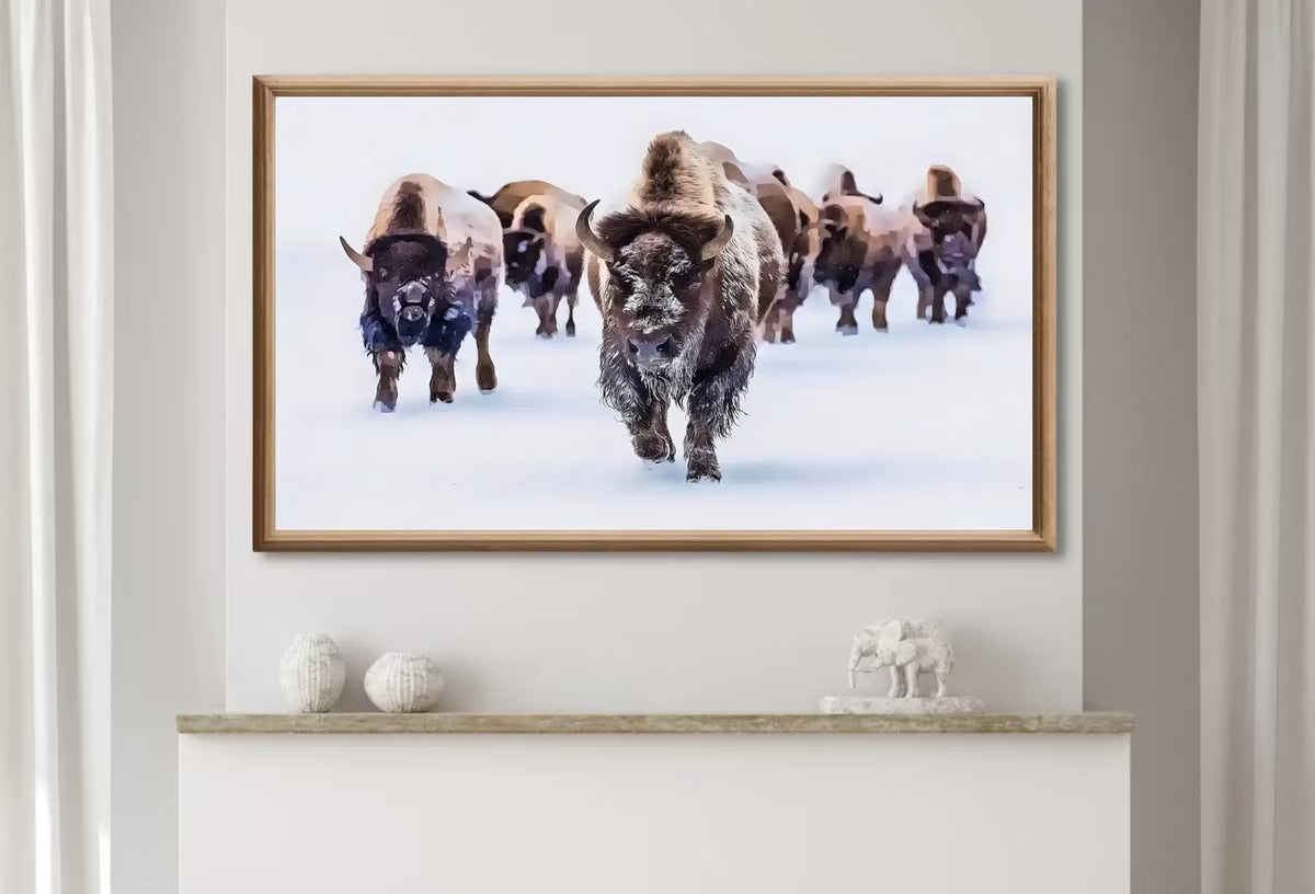 Samsung Frame TV Art 4K Bison Herd in Snow Landscape Digital Painting. Instant Download Buffalo Art for the Samsung Frame TV. Art for TV – Frame TV  Art