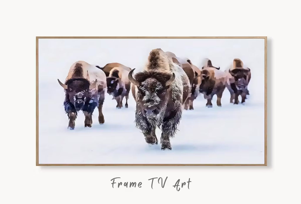 Samsung Frame TV Art 4K Bison Herd in Snow Landscape Digital Painting. Instant Download Buffalo Art for the Samsung Frame TV. Art for TV – Frame TV  Art