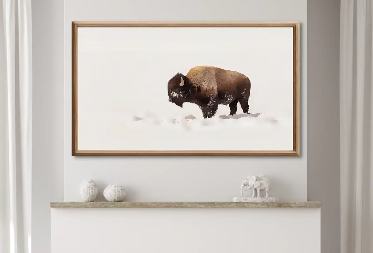 Samsung Frame TV Art 4K Bison Standing in Snow Landscape Digital Painting. Instant Download Buffalo Art for the Samsung Frame TV. Art for TV – Frame TV  Art