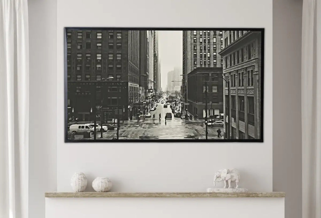 Detail view of artwork from Samsung Frame TV Art 4K Black and White Chicago Streets Art. Instant Download Chicago Photography for the Frame TV. Chicago Illinois Decor. (variation 2)