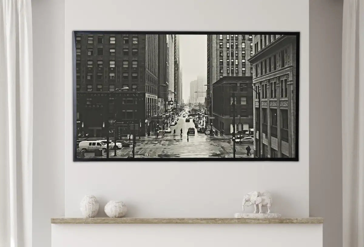 Detail view of artwork from Samsung Frame TV Art 4K Black and White Chicago Streets Art. Instant Download Chicago Photography for the Frame TV. Chicago Illinois Decor. (variation 2)