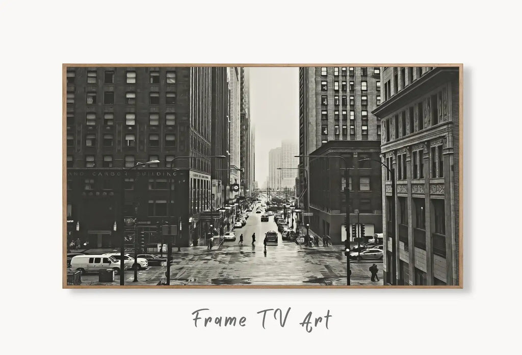 Samsung Frame TV Art 4K Black and White Chicago Streets Art. Instant Download Chicago Photography for the Frame TV. Chicago Illinois Decor displayed on Samsung Frame TV on a living room wall.