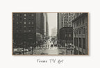 Samsung Frame TV Art 4K Black and White Chicago Streets Art. Instant Download Chicago Photography for the Frame TV. Chicago Illinois Decor displayed on Samsung Frame TV on a living room wall.