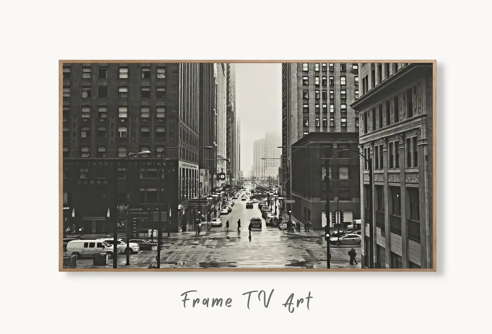 Samsung Frame TV Art 4K Black and White Chicago Streets Art. Instant Download Chicago Photography for the Frame TV. Chicago Illinois Decor displayed on Samsung Frame TV on a living room wall.