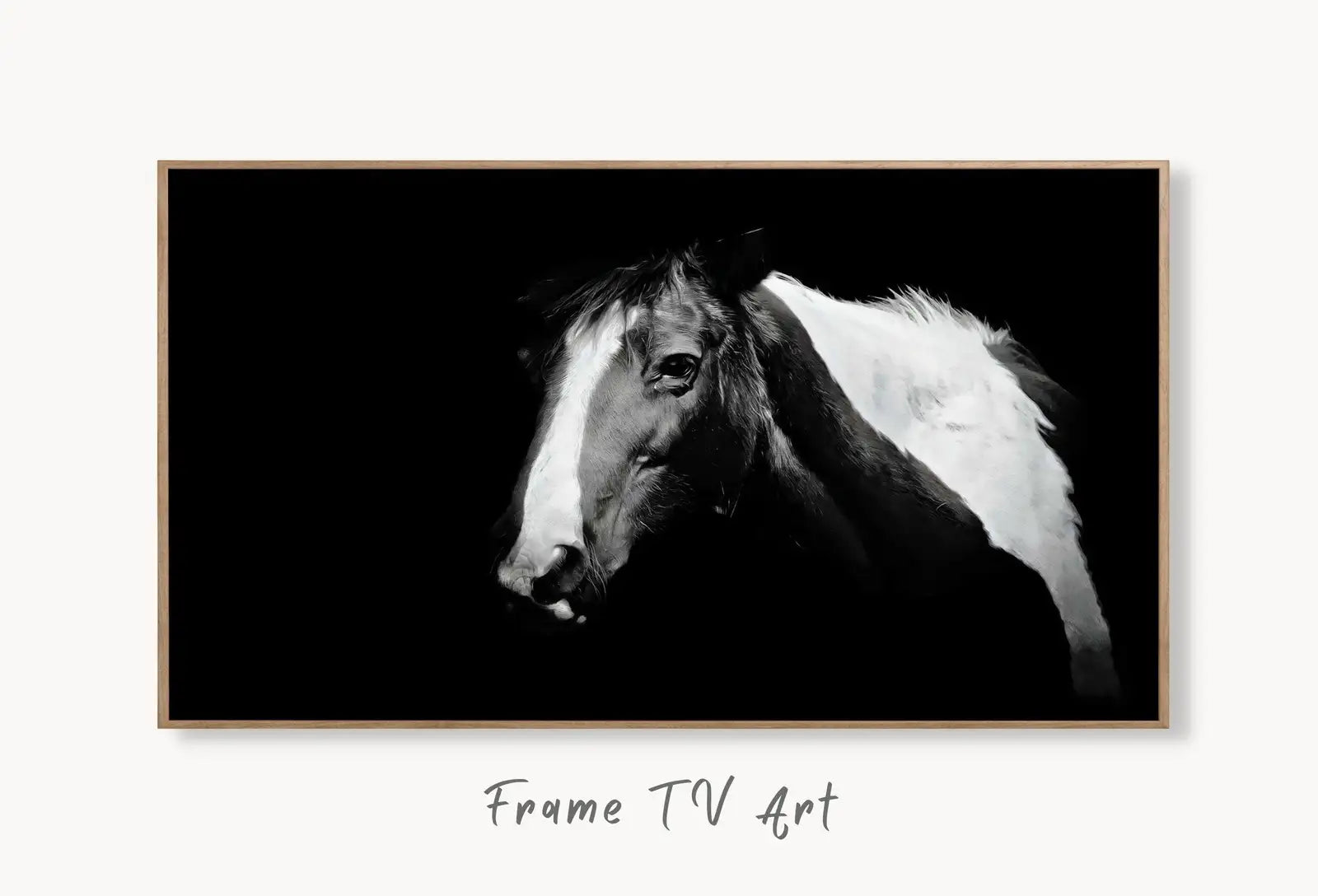 Samsung Frame TV Art 4K Black and White Horse Photography. Instant Download Black and White Horse Photo. Equestrian Art for Frame TV displayed on Samsung Frame TV on a living room wall.