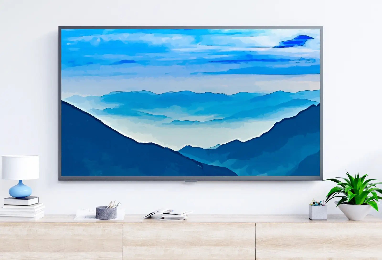 Samsung Frame TV Art 4K Blue Abstract Mountain Landscape Wall Art. Instant Download Mountain Digital Painting Blue Wall Art for the Frame TV displayed on Samsung Frame TV on a living room wall.