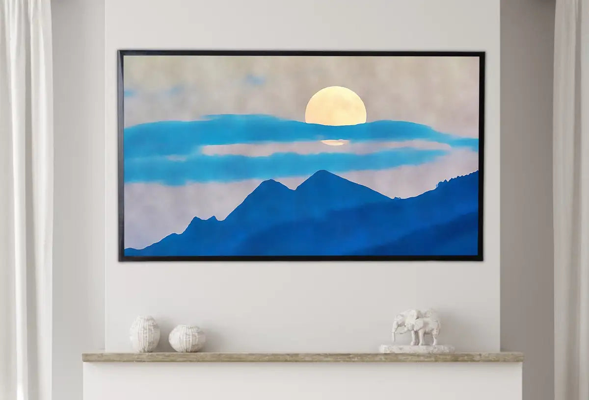 Detail view of artwork from Samsung Frame TV Art 4K Blue Abstract Mountain & Moon Landscape Wall Art. Instant Download Mountain Digital Painting Wall Art for Frame TV. (variation 2)