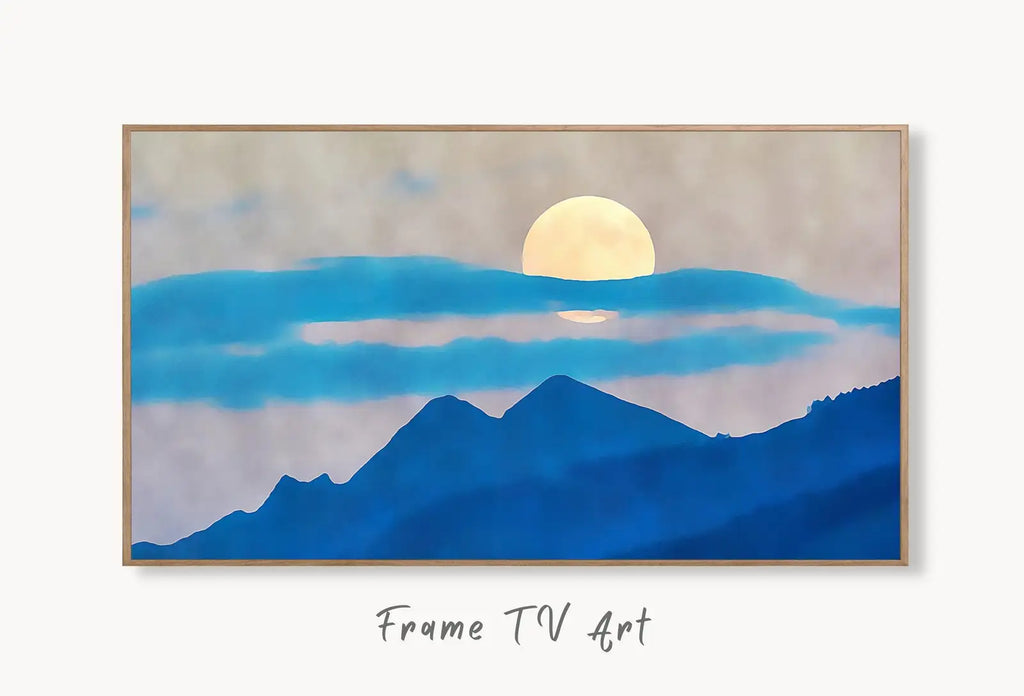 Samsung Frame TV Art 4K Blue Abstract Mountain & Moon Landscape Wall Art. Instant Download Mountain Digital Painting Wall Art for Frame TV displayed on Samsung Frame TV on a living room wall.