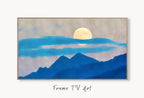 Samsung Frame TV Art 4K Blue Abstract Mountain & Moon Landscape Wall Art. Instant Download Mountain Digital Painting Wall Art for Frame TV displayed on Samsung Frame TV on a living room wall.