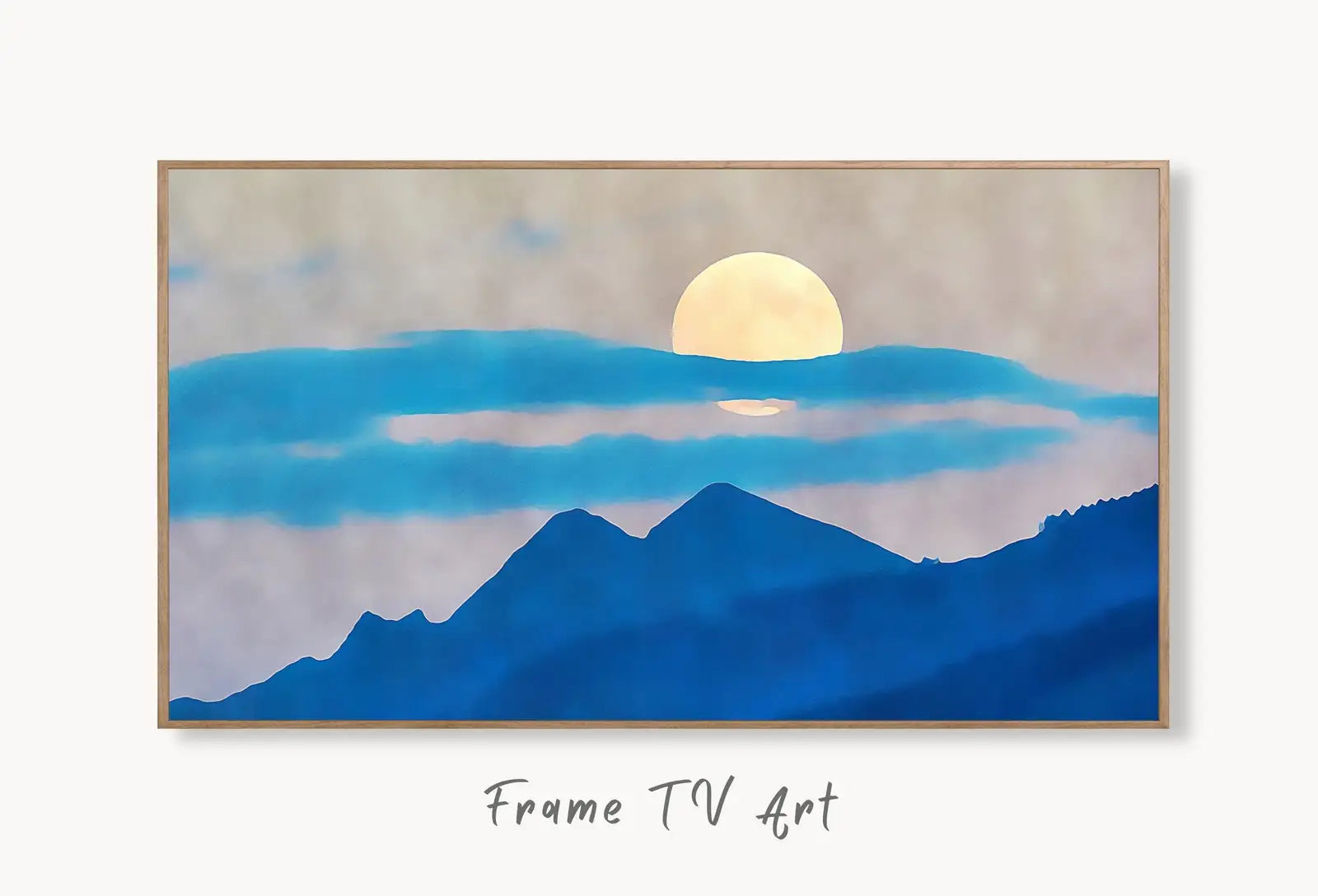 Samsung Frame TV Art 4K Blue Abstract Mountain & Moon Landscape Wall Art. Instant Download Mountain Digital Painting Wall Art for Frame TV displayed on Samsung Frame TV on a living room wall.