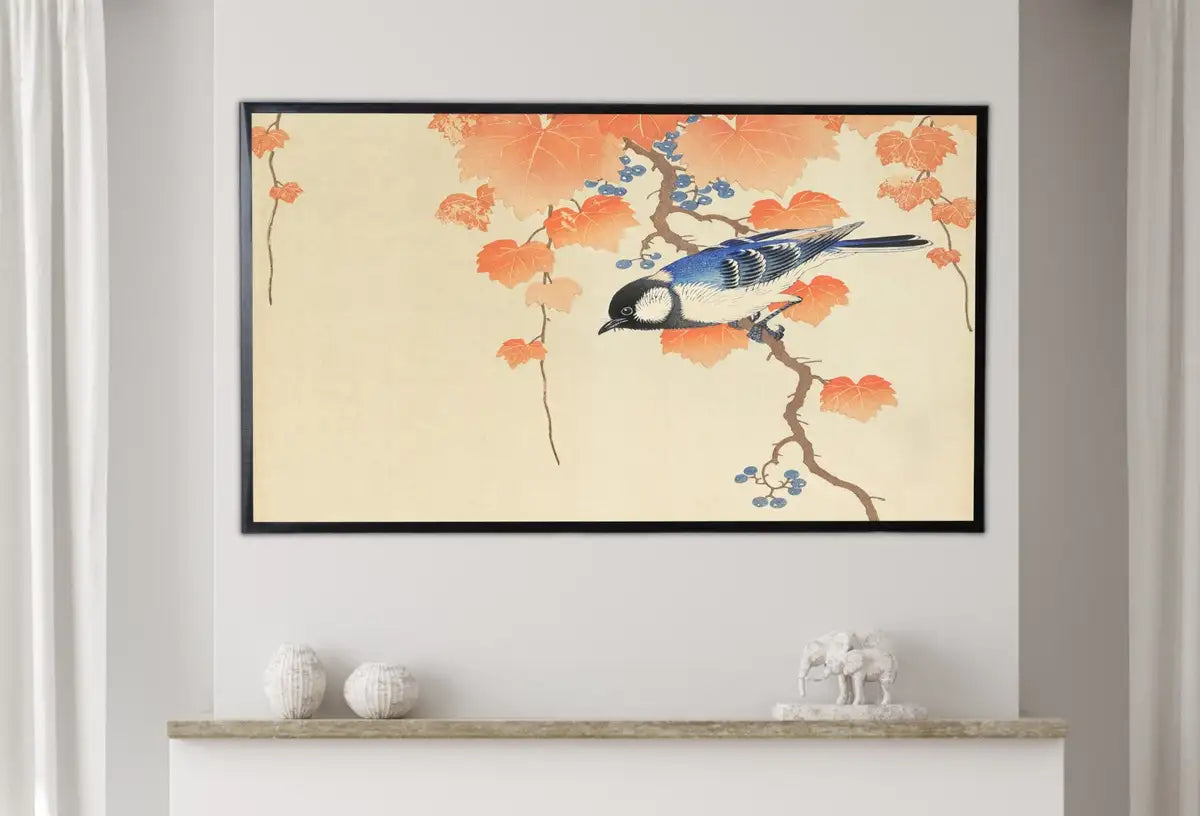 Detail view of artwork from Samsung Frame TV Art 4K Blue Bird on Branch Vintage Japanese Wall Art. Instant Download Antique Japanese Art for Frame TV. Vintage Wall Art. (variation 2)