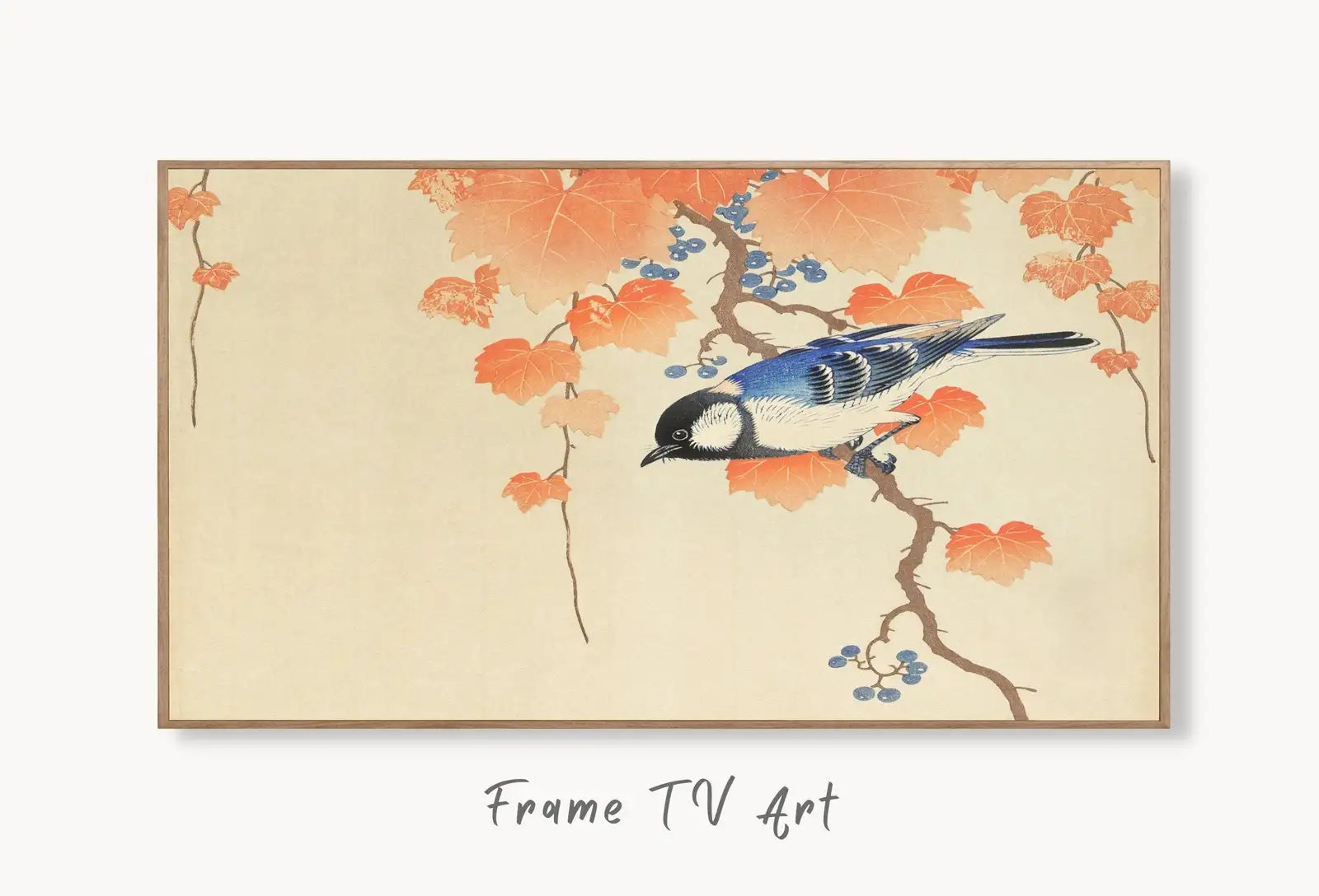 Samsung Frame TV Art 4K Blue Bird on Branch Vintage Japanese Wall Art. Instant Download Antique Japanese Art for Frame TV. Vintage Wall Art displayed on Samsung Frame TV on a living room wall.