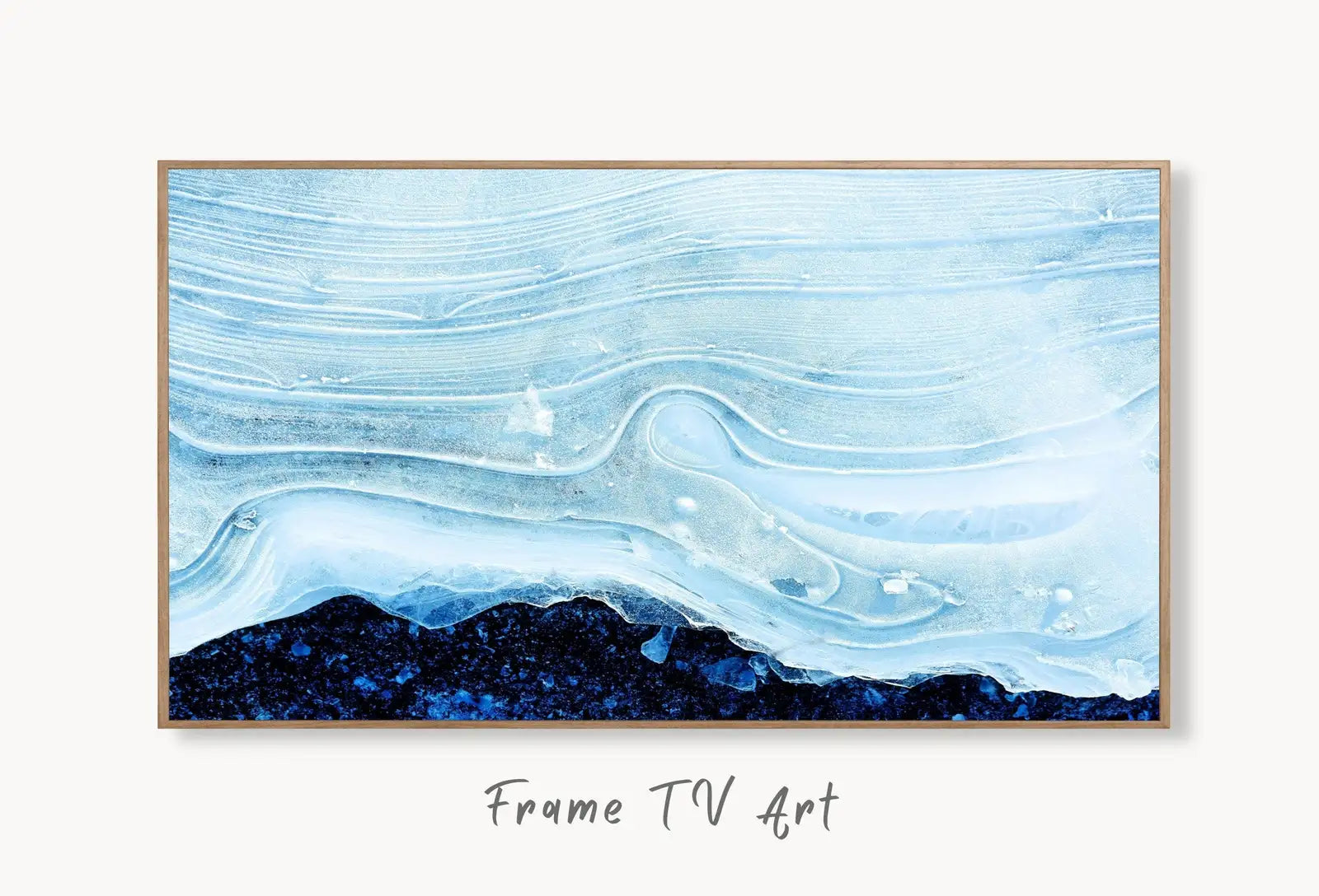 Samsung Frame TV Art 4K Blue Icy Texture Modern Abstract Painting. Minimal Abstract Art. Instant Download Cracked Paint Art for TV. displayed on Samsung Frame TV on a living room wall.