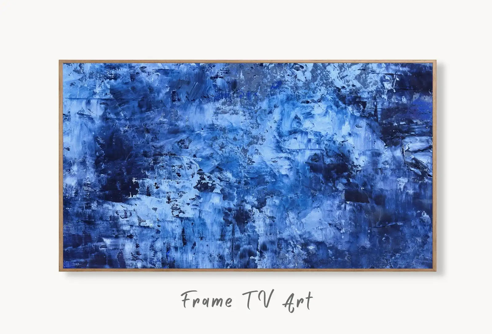 Samsung Frame TV Art 4K Blue Modern Wall Texture Abstract Painting. Minimal Abstract Art. Instant Download Cracked Paint Art for TV. displayed on Samsung Frame TV on a living room wall.