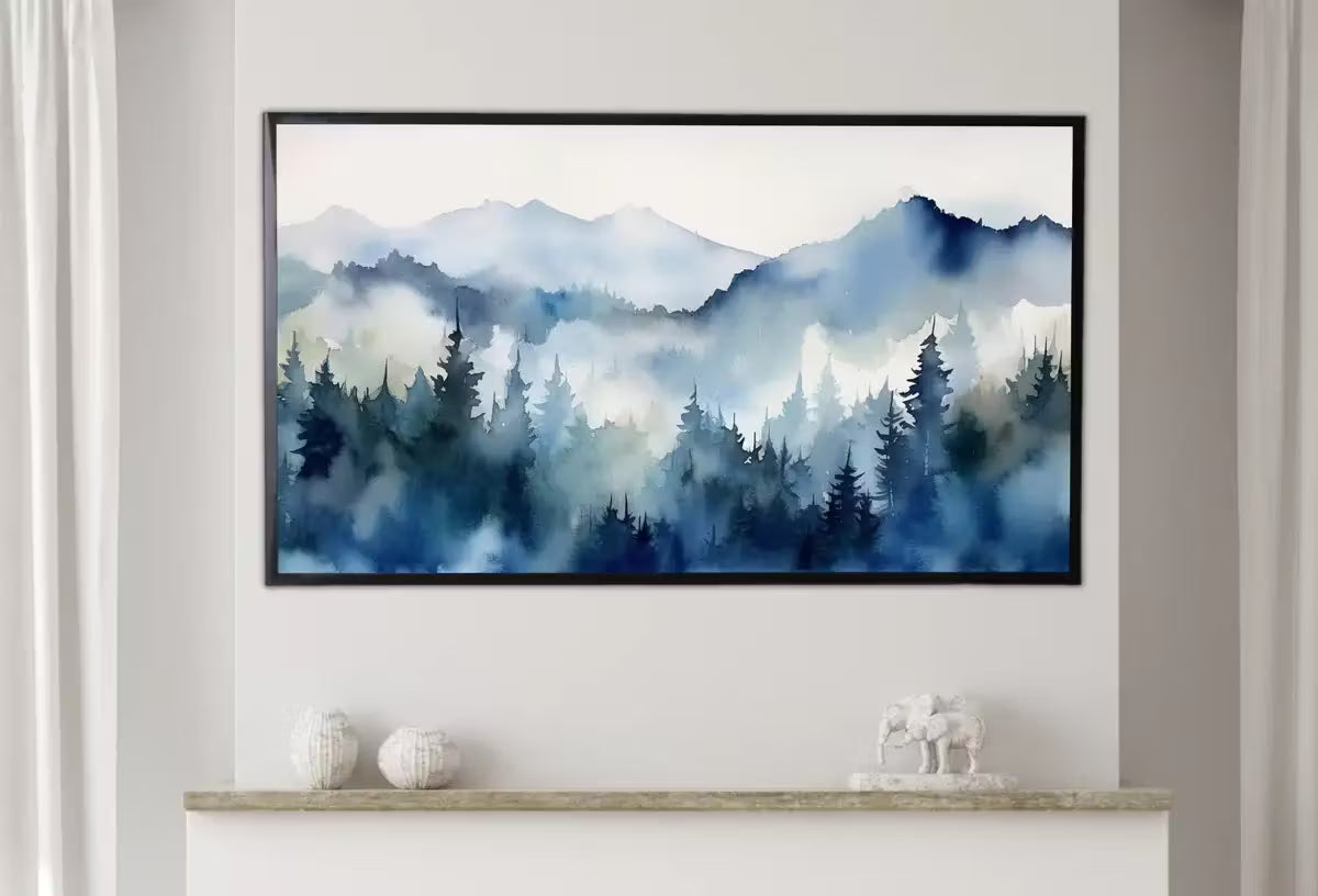 Samsung Frame TV Art 4K Blue Mountain Forest Landscape Painting. Instant Download. Abstract Forest Art for Samsung Frame TV. Art for TV – Frame TV  Art