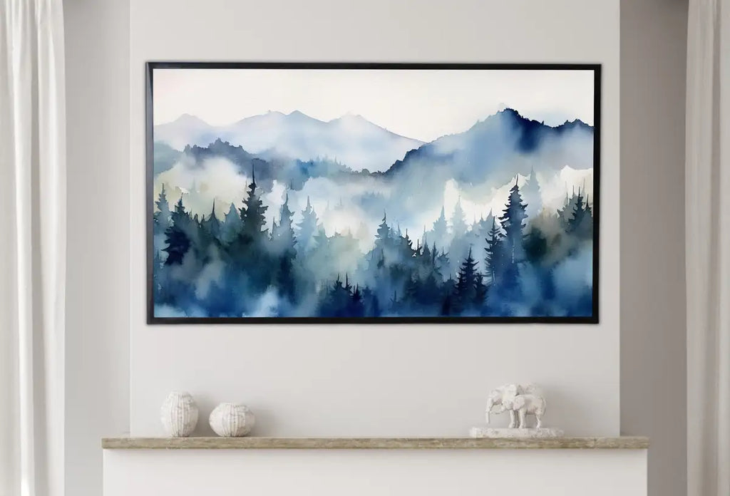 Art mural Frame TV 4K - Peinture de paysage de forêt bleue des montagnes. Téléchargement instantané. Art abstrait de forêt pour Frame TV. Art pour la télévision.