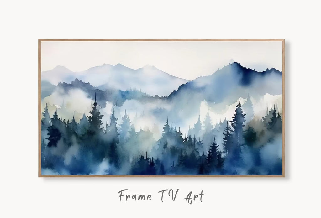 Samsung Frame TV Art 4K Blue Mountain Forest Landscape Painting. Instant Download. Abstract Forest Art for Samsung Frame TV. Art for TV – Frame TV  Art