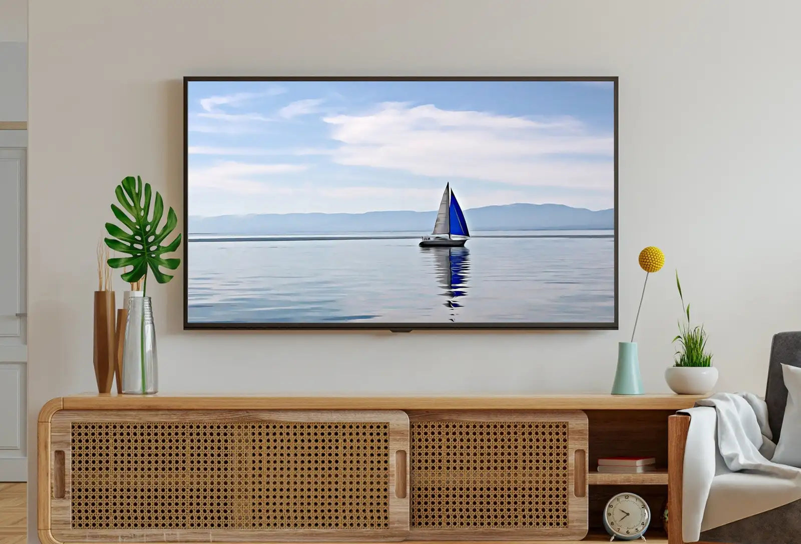 Detail view of artwork from Samsung Frame TV Art 4K Blue Sailboat Painting Nautical Wall Art. Instant Download Boat Painting for the Frame TV. Sailing Ocean Art for TV. (variation 1)