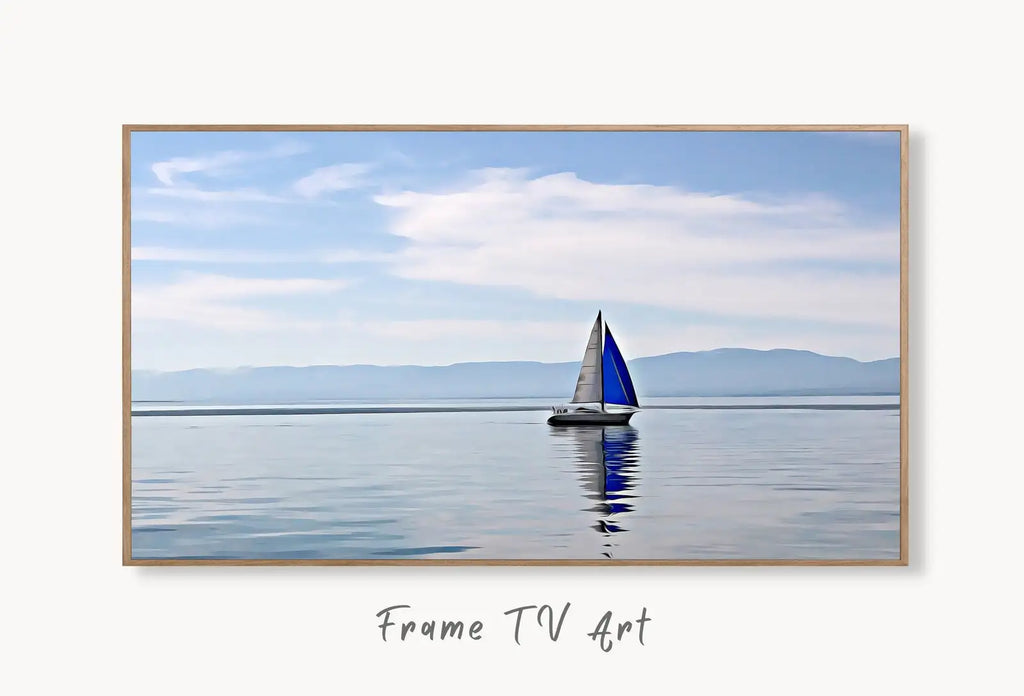 Samsung Frame TV Art 4K Blue Sailboat Painting Nautical Wall Art. Instant Download Boat Painting for the Frame TV. Sailing Ocean Art for TV displayed on Samsung Frame TV on a living room wall.